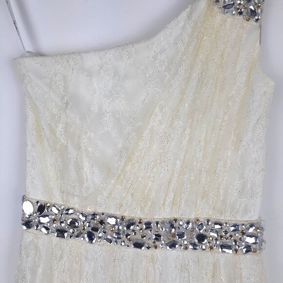 Ivory Lace Gown Size 5. Fairy Greek goddess one shoulder rhinestones prom formal - Picture 4 of 14